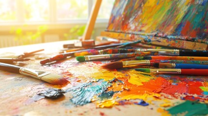 Fototapeta premium Artist palette and brushes messy oil painting