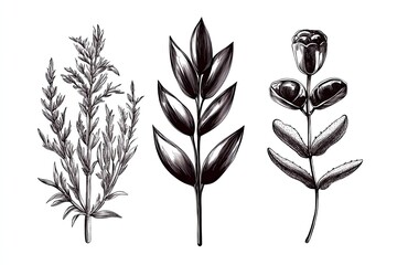 Detailed botanical illustration of three different plant species.