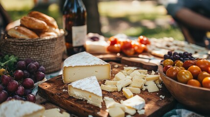Variety of cheeses, fruits, and breads displayed on a wooden table.