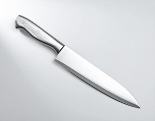 Obraz premium Stainless Steel Chef's Knife on White Background, Kitchen Utensil, Sharp Blade