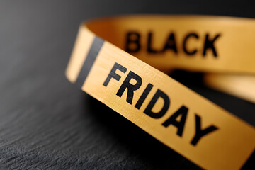 Promotional ribbon on display. The yellow ribbon, boldly inscribed with 'FRIDAY' and 'BLACK' in stark black letters, suggests retail events.