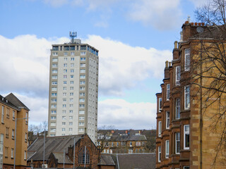 Mid-twentieth-century high-rise housing complex in Glasgow,Features of the Glasgow skyline. Glasgow tenements are a significant part of the city's heritage, are a symbol of Glasgow's past and present.