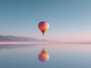 Fototapeta premium Hot air balloon floats over a serene landscape with mountains and mirrored water. Concept for travel, adventure, freedom, and peaceful exploration. Beautiful colors and composition.