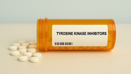 Box of TYROSINE KINASE INHIBITORS tablets on a hospital pharmacy table used to treat cancers...