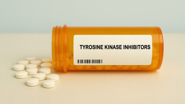 Box of TYROSINE KINASE INHIBITORS tablets on a hospital pharmacy table used to treat cancers targeted anticancer drugs.