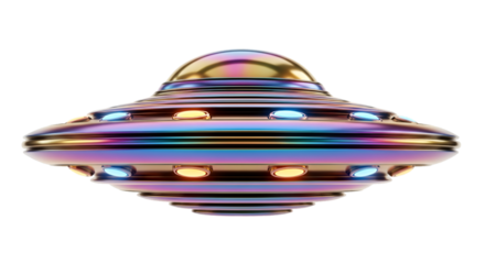 Iridescent UFO with Glowing Lights on Black Background