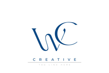 Obraz premium Blue stylized letters WC combined in a modern design on a clean white background, evoking professionalism and creativity. Ideal for branding, business identity, and corporate representation concepts.