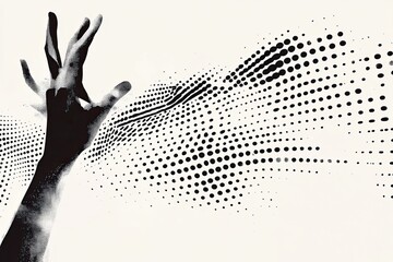 Reaching hand against a halftone pattern.