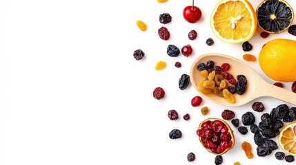Dried fruits and citrus on white background