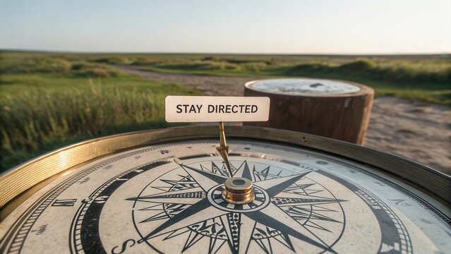 Vintage Compass on Wooden Post with Stay Directed Sign in Nature