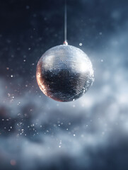 Obraz premium Glistening disco ball, suspended against a dreamy, atmospheric backdrop. Perfect for party themes, celebrations, or symbolizing reflection and multifaceted perspectives.