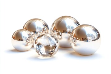 Group of metallic spheres on white background.