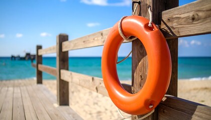 Orange Life Preserver on Wooden Fence by Ocean.