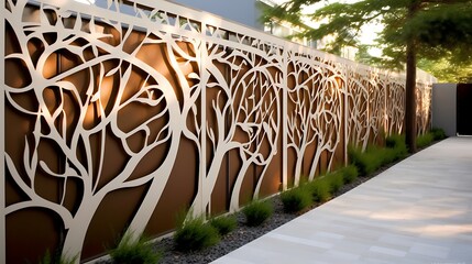 Architectural fence featuring a stylized tree design providing a sophisticated boundary