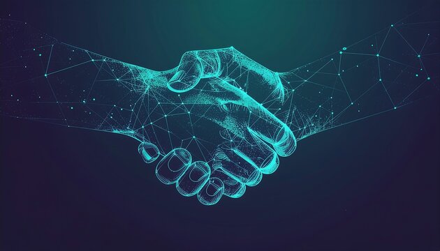 A futuristic handshake forming a dazzling line of connection, symbolizing a digital partnership in a glowing network of technology and trust