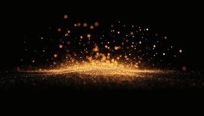 The image shows a dark background with many small golden glitter particles and light bokeh effects concentrated in the center.