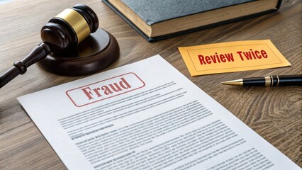 Legal Document Highlighting Fraud with Gavel and Review Note