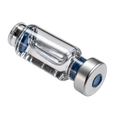 Clear glass vial with metal cap, filled with liquid