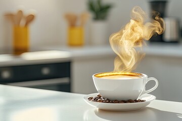 Obraz premium Aromatic coffee steaming in a white cup.