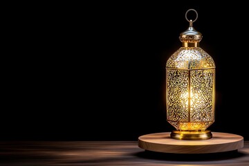 Ornate gold lantern on a wooden base.