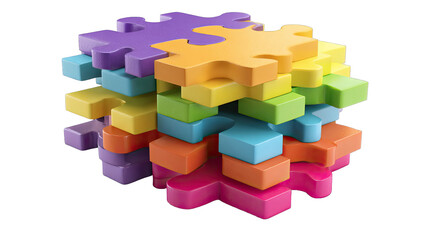 A colorful, 3D puzzle graphic.  Layered puzzle pieces in various bright hues form a clustered,  slightly irregular shape.  The pieces are thick and textured