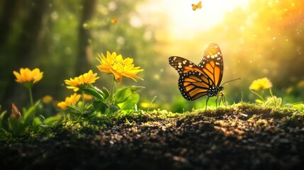 Monarch butterfly and wildflowers in sunlight