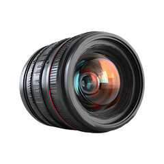 Close-up view of a camera lens, dark gray and black, with a glowing, multi-colored interior