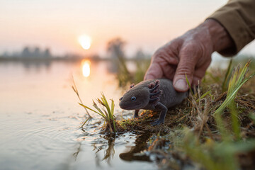 Gentle hands guide a rare axolotl near water at dawn. Symbolizes conservation, hope, and the beauty of nature. Ideal for environmental science projects.