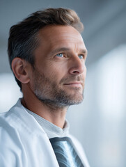 Obraz premium Contemplative doctor with an Xray, looking forward. Symbolizes medical expertise, future of healthcare, and insightful diagnostics. Perfect for medical, science, or hope themes.