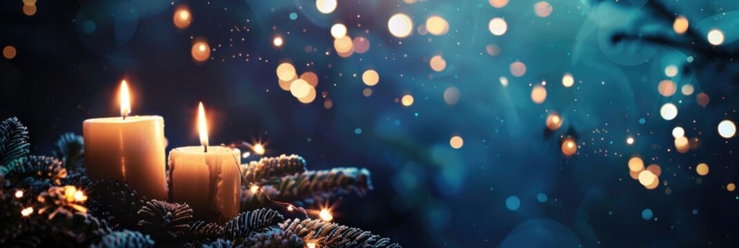 lit candles on a pine branch with a blurred blue background and soft bokeh lights. Christmas cozy, festive atmosphere, horizontal banner, copy space, free space for text
