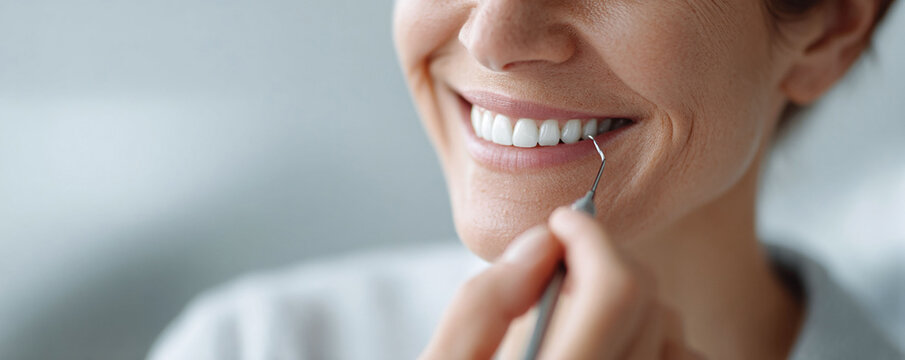 Close up on a womans radiant smile as a dentist checks her teeth. Symbolizes oral care, healthy lifestyle, and the importance of regular dental checkups.