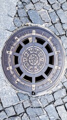 Decorative manhole cover on cobblestone street