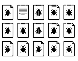 Collection of report icons with bugs on document, vector symbol design