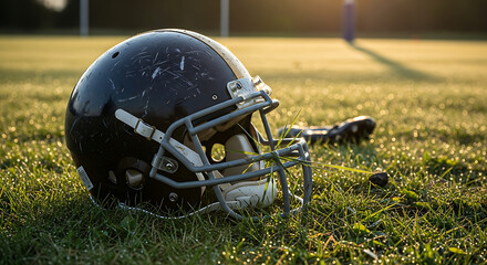 American football helmet and cleats resting on wet grass at dawn