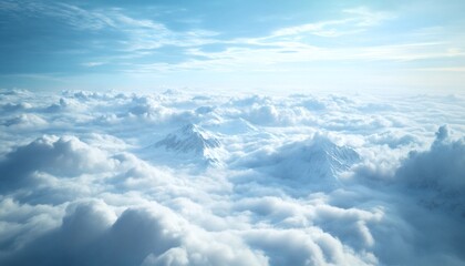 The illustration shows a high-angle view of snow-capped mountain peaks that rise above a thick layer of white cumulus clouds under a bright, clear sky.