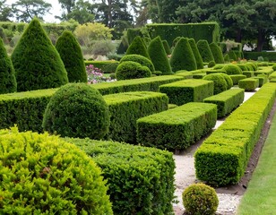 Formal garden with meticulously shaped hedges