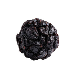 Close-up of a single dried plum.  Dark, shriveled sphere. Textured surface