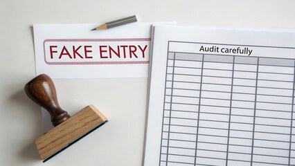Document showing fake entry stamp and audit checklist on table