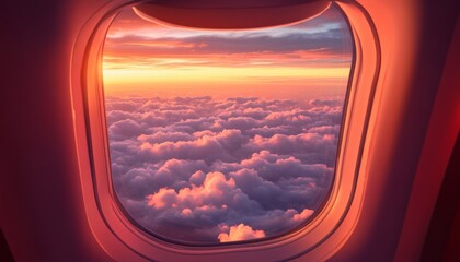 The image shows a sunset viewed from an airplane window, showcasing a vast expanse of colorful clouds illuminated by the setting sun.