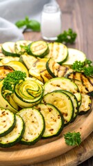 Grilled zucchini slices arranged artistically on a wooden board