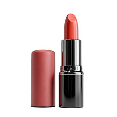 Close-up of a coral lipstick.  The lipstick tube is metallic dark gray with a matte, pinkish-coral-colored cap