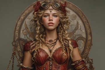 Steampunk woman in red corset with Libra zodiac balance scale and curly blonde hair, vintage clock background, ornate accessories, fantasy portrait with warm brown tones and golden details