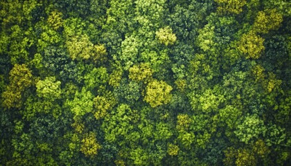 The image shows a dense forest with a variety of green treetops, viewed from directly above, showcasing different shades of green foliage.