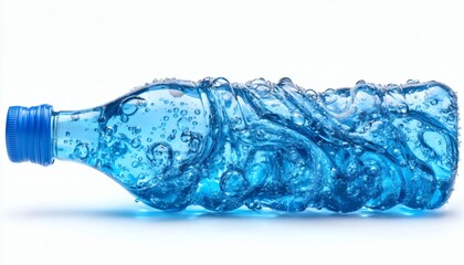 The image shows a clear plastic bottle with a blue cap filled with a blue liquid that contains many visible air bubbles.