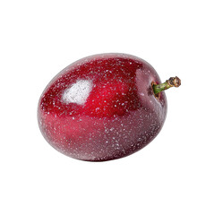 Close-up of a single, deep red plum.  Its smooth skin is speckled with tiny, light-colored dots.  Stem end is visible