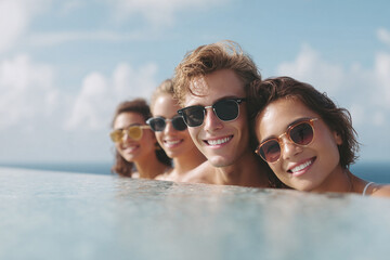 Obraz premium Joyful friends in sunglasses relax at a luxury pool, overlooking the sea on vacation. Represents summer fun, youth, friendship, and idyllic travel.