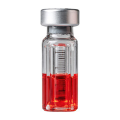 Clear glass vial with red liquid and silver cap, showing graduated markings