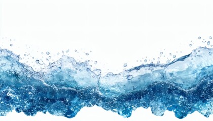Obraz premium The image shows a close-up of a blue water wave with many small air bubbles splashing against a white background.