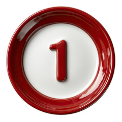 Round red and white ceramic button with the number one