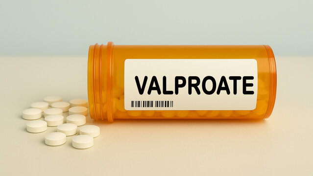 Box of VALPROATE tablets on a hospital pharmacy table used to treat seizures and bipolar disorder an anticonvulsant.